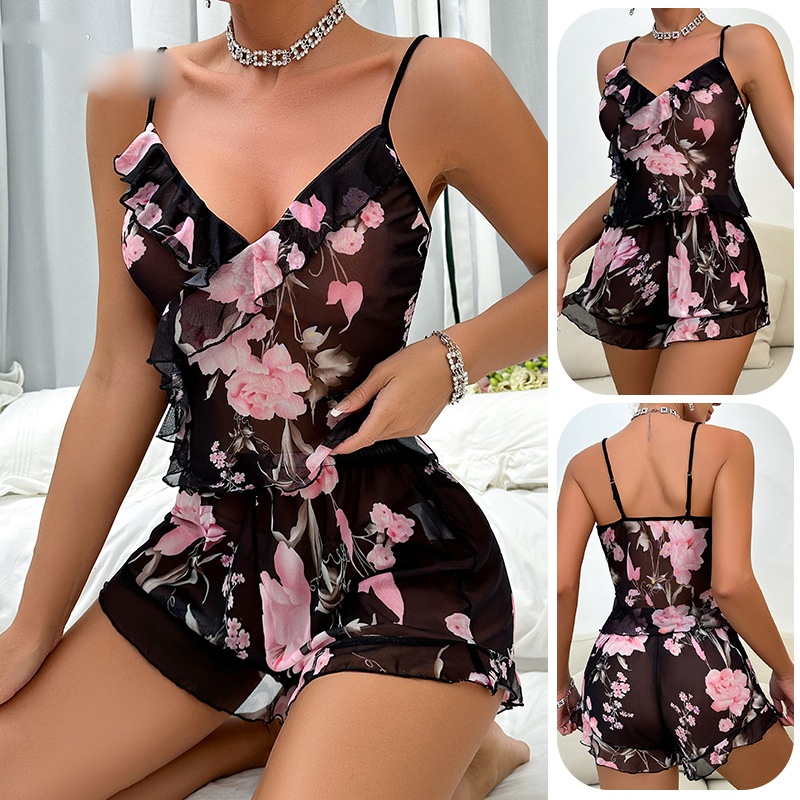 Women Piece Pajamas Sets Floral Lingerie Sleepwear Sexy Cami Shorts Sets